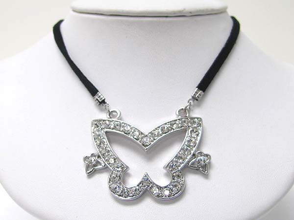 Made in korea whitegold plating crystal stud large butterfly pendant and suede link necklace