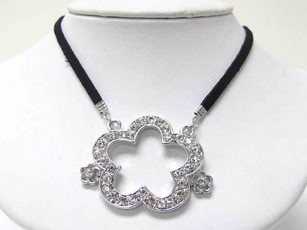 Made in korea whitegold plating crystal stud large flower pendant and suede link necklace