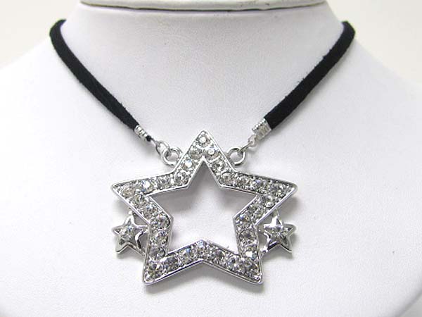 WHITEGOLD PLATING CRYSTAL STUD LARGE STAR PENDANT AND SUEDE LINK NECKLACE