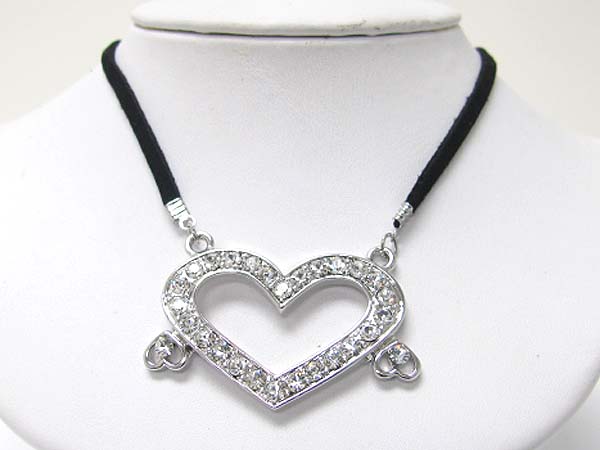 WHITEGOLD PLATING CRYSTAL STUD LARGE HEART PENDANT AND SUEDE LINK NECKLACE