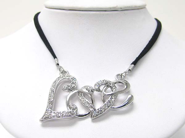WHITEGOLD PLATING CRYSTAL STUD LARGE DUAL HEART PENDANT AND SUEDE LINK NECKLACE