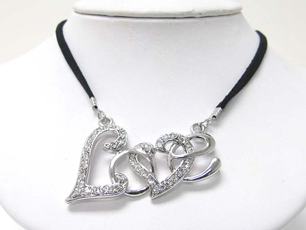 Made in korea whitegold plating crystal stud large dual heart pendant and suede link necklace