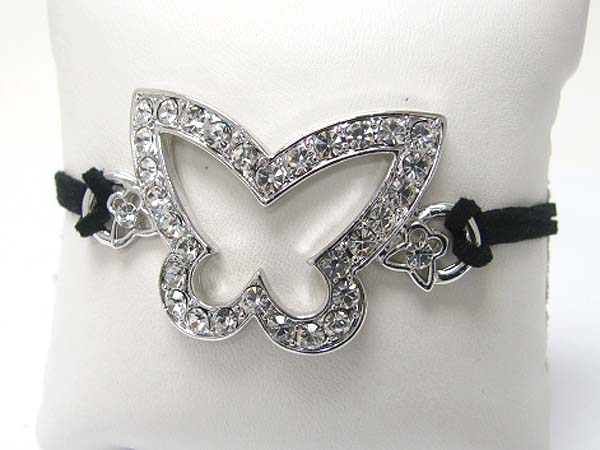 WHITEGOLD PLATING CRYSTAL STUD LARGE BUTTERFLY AND SUEDE LINK BRACELET