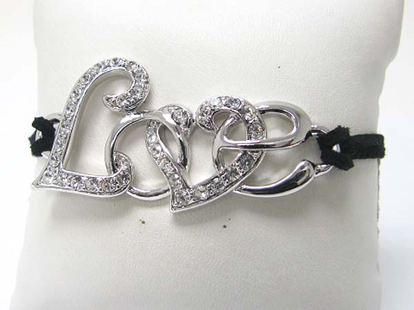 Made in korea whitegold plating crystal stud dual heart and suede link bracelet