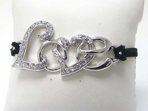 WHITEGOLD PLATING CRYSTAL STUD DUAL HEART AND SUEDE LINK BRACELET