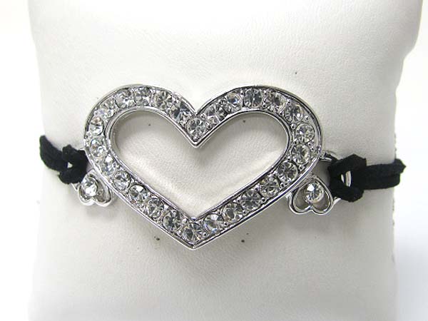 Made in korea whitegold plating crystal stud large heart and suede link bracelet