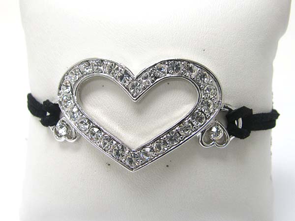 WHITEGOLD PLATING CRYSTAL STUD LARGE HEART AND SUEDE LINK BRACELET