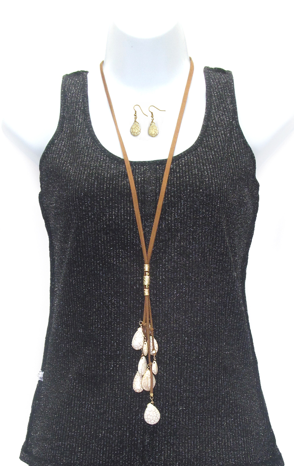 Multi natural stone drop long leatherette necklace set