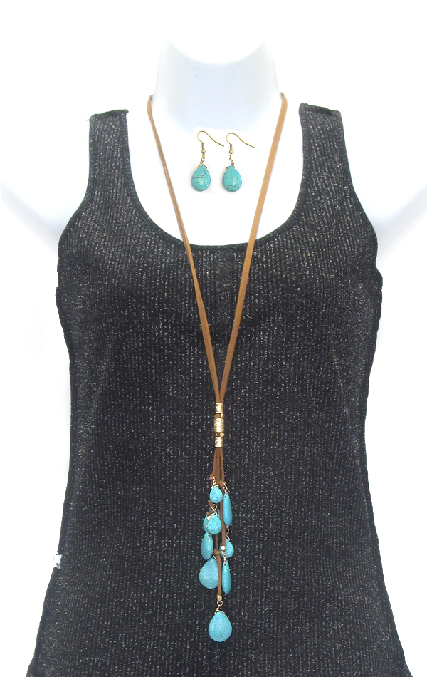 Multi natural stone drop long leatherette necklace set