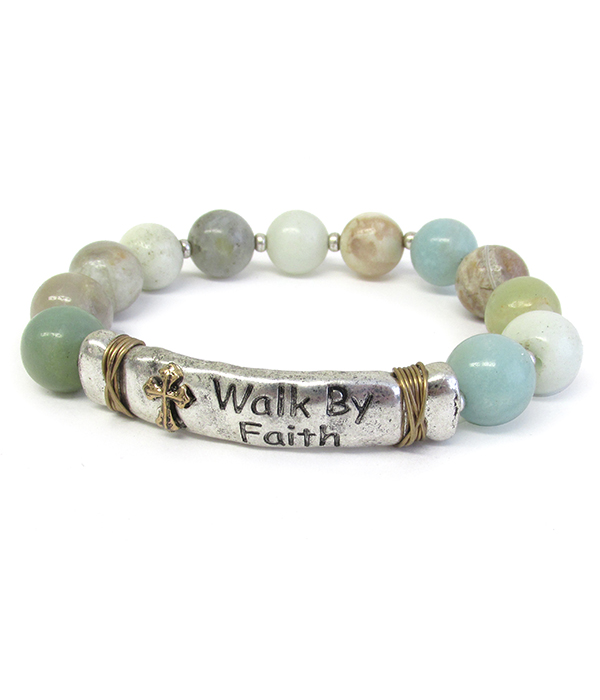 RELIGIOUS INSPIRATION SEMI PRECIOUS STONE STRETCH BRACELET - WALK BY FAITH