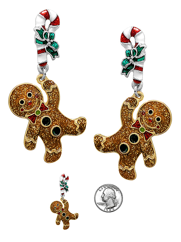 CHRISTMAS THEME EPOXY CANDY CANE AND GINGER BREAD EARRING
