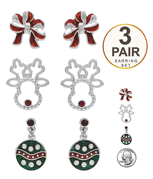 CHRISTMAS THEME 3 PAIR EARRING SET - RIBBON REINDEER