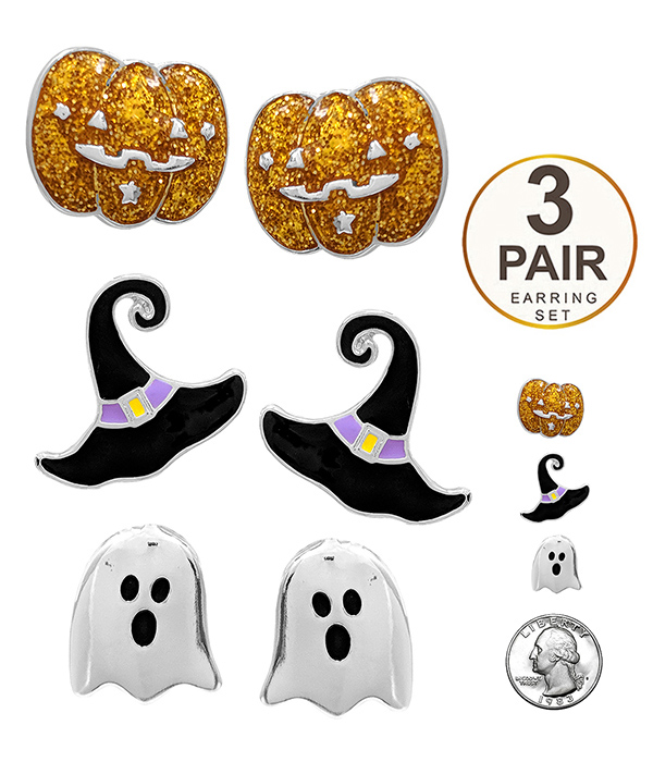 Halloween theme 3 pair earring set - pumpkin ghost