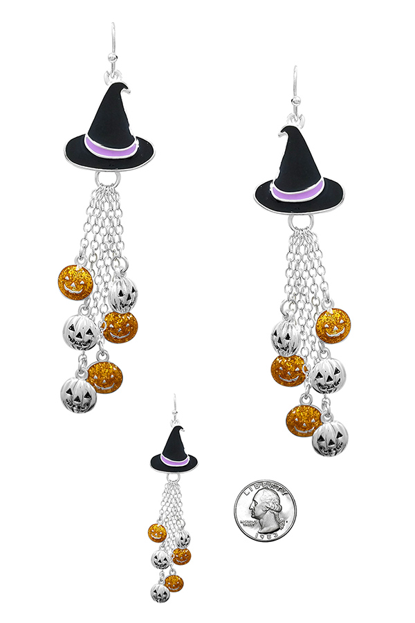 HALLOWEEN THEME WITCH HAT AND MULTI PUMPKIN DROP EARRING