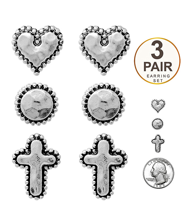 RELIGIOUS THEME 3 PAIR EARRING SET - HEART CROSS