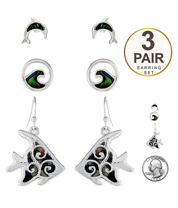 SEALIFE THEME 3 PAIR EARRING SET - DOLPHIN WAVE