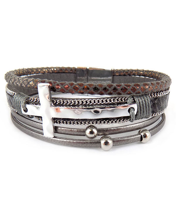 Multi layer leatherette magnetic bracelet - cross
