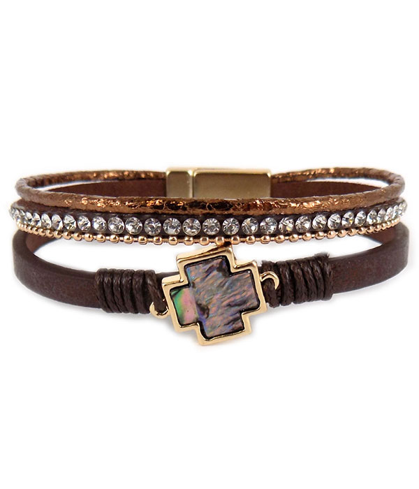 Multi layer leatherette magnetic bracelet - abalone cross