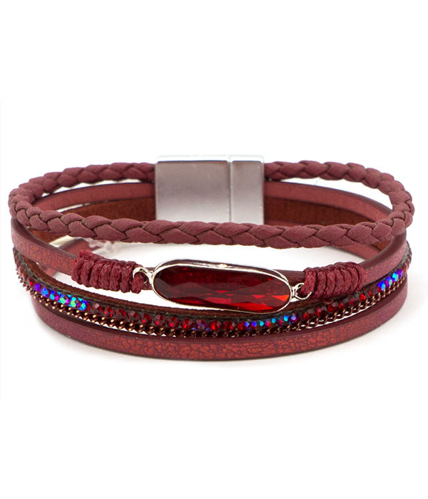 Facet oval stone and multi layer leatherette magnetic bracelet
