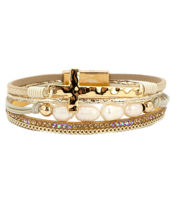 Metal cross and freshwater pearl mix multi layer leatherette magnetic bracelet
