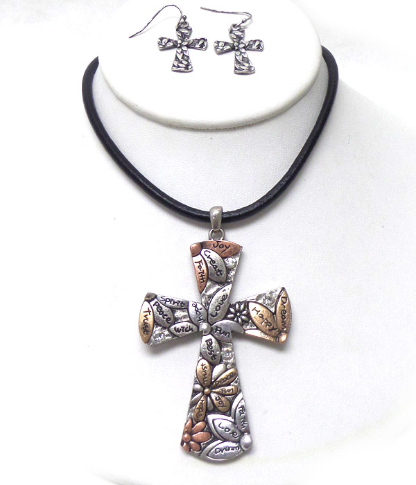 Textured metal large cross necklace set