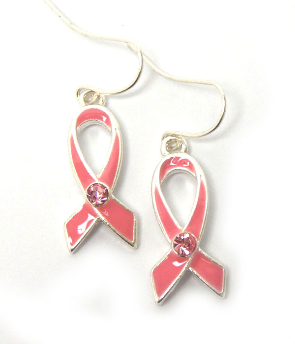 Pink ribbon with crystal center fish hook earrings 