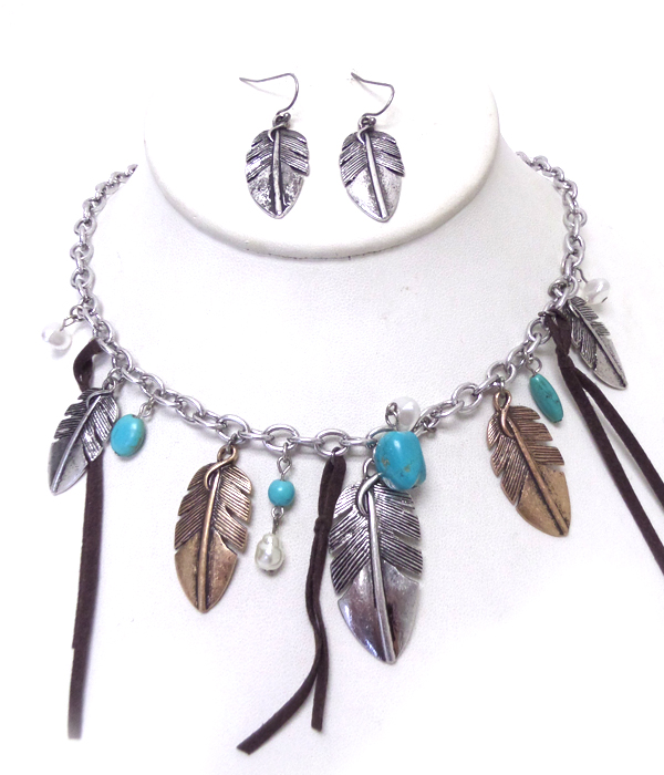 Bohemian style multi feather and tassel drop necklace set
