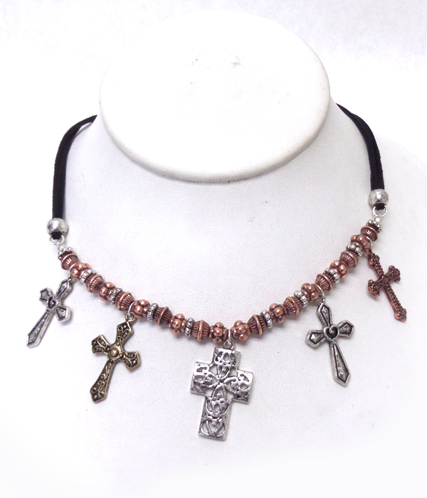Multi textured cross and crystal rondell necklace