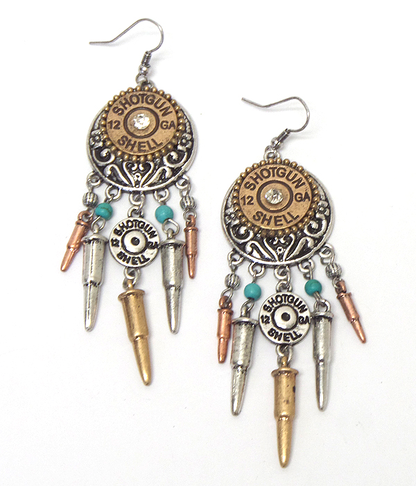 Bullet and filigree disk and drop earring