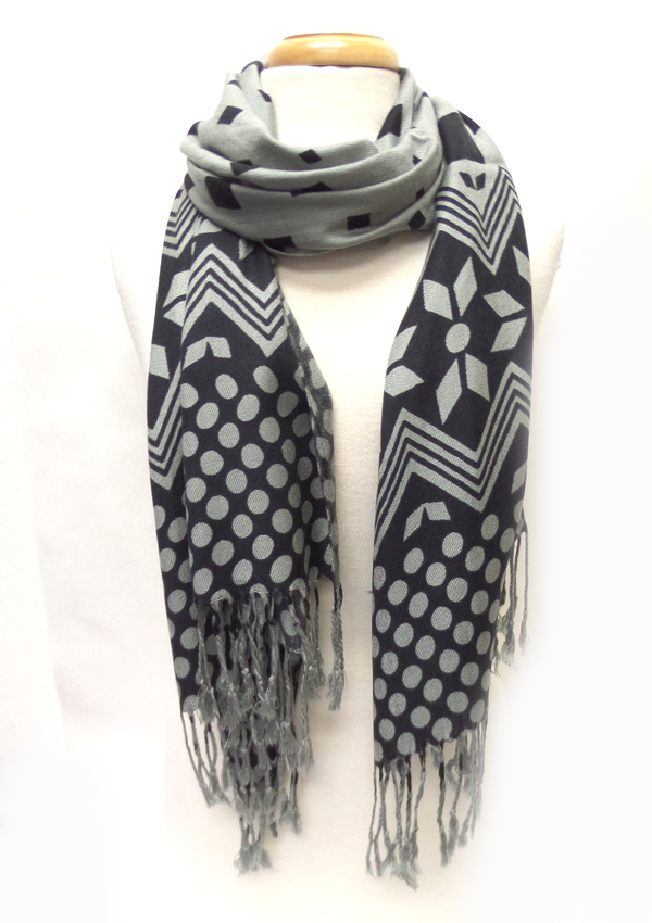 Chevron and dot pattern fringe drop pashmina scarf