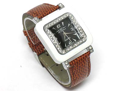 Crystal side deco square face and leather band watch