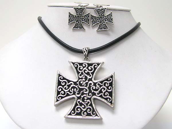 Burnish filigree metal cross pendant necklace earring set