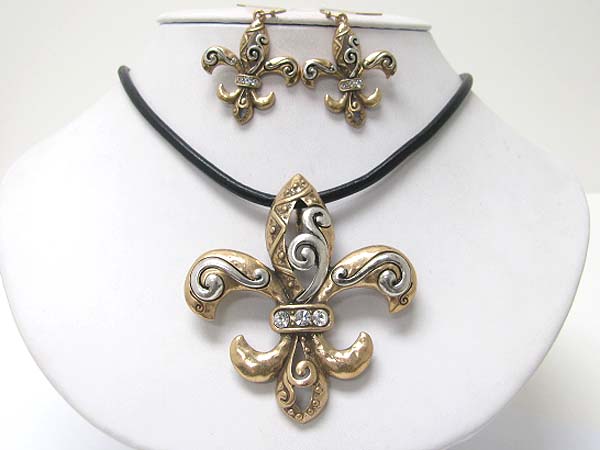 Crystal stud fleur de lis pendant necklace earring set