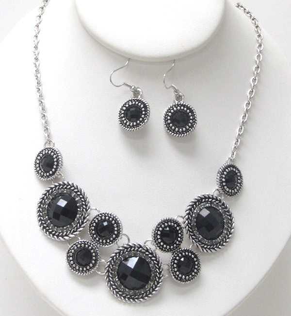 Crystal and facet glass deco multi disk link necklace earring set