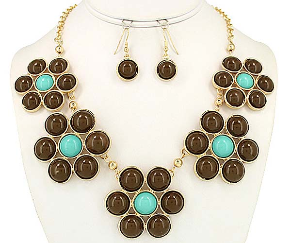Shiny acrylic stone deco multi flower link necklace earring set