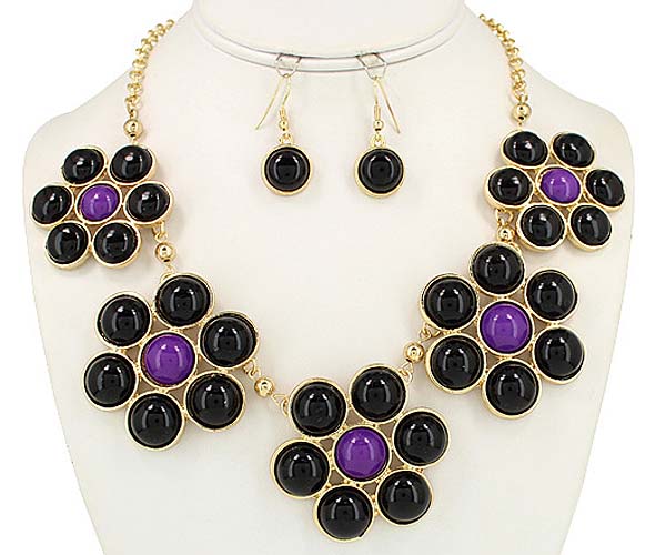 Shiny acrylic stone deco multi flower link necklace earring set