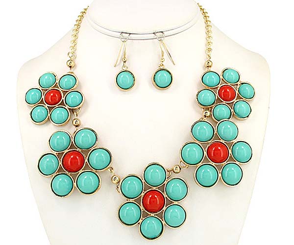 Shiny acrylic stone deco multi flower link necklace earring set