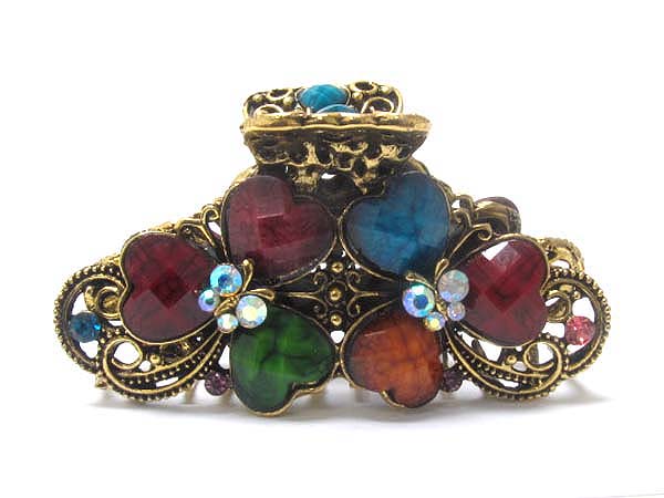 Multi crystal butterfly and heart flower deco and metal filigree hair clip