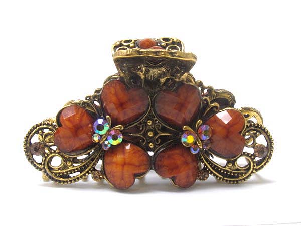 Multi crystal butterfly and heart flower deco and metal filigree hair clip
