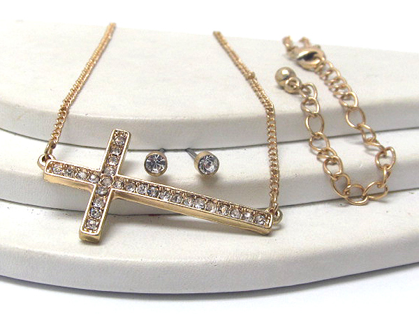 Crystal stud cross pendant necklace earring set