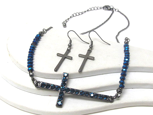 Crystal stud cross and glass bead chain necklace earring set