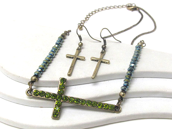 Crystal stud cross and glass bead chain necklace earring set