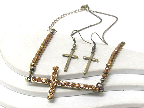 Crystal stud cross and glass bead chain necklace earring set