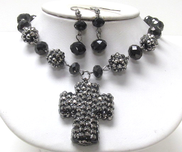 Crystal cross and multi fireball link necklace earring set