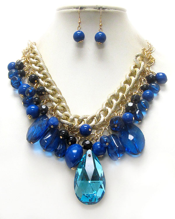 Facet glass teardrop and multi acrylic stone mix drop on chain necklace earring set