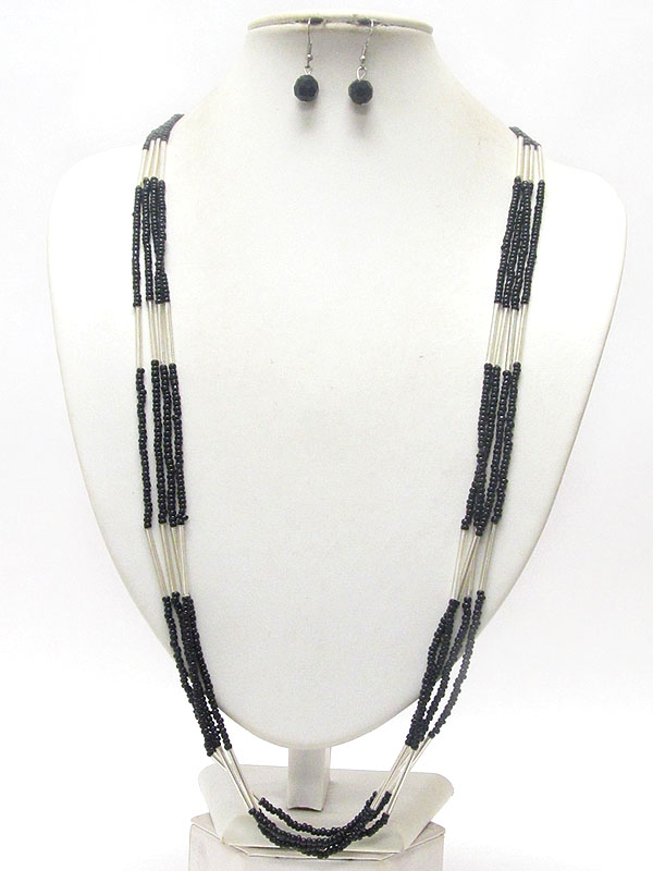Multi bead and metal tube four layered long necklace earring set
