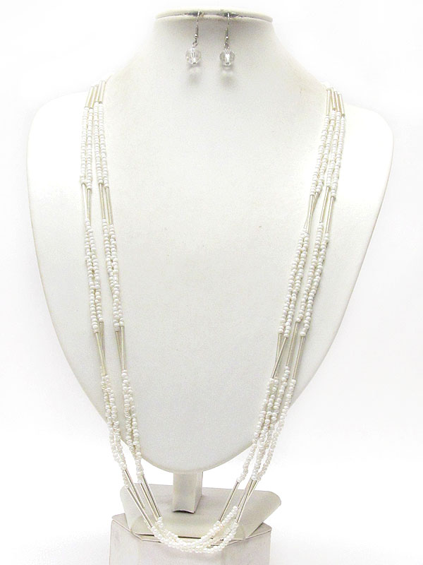 Multi bead and metal tube four layered long necklace earring set