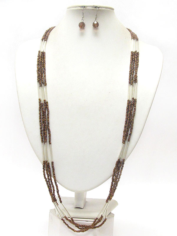 Multi bead and metal tube four layered long necklace earring set