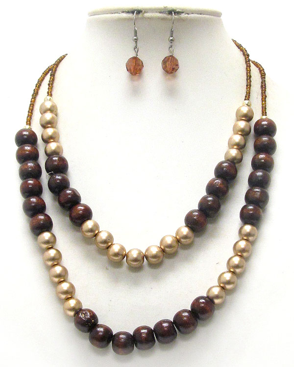 Multi wood ball and chip stone double layered necklace earring set