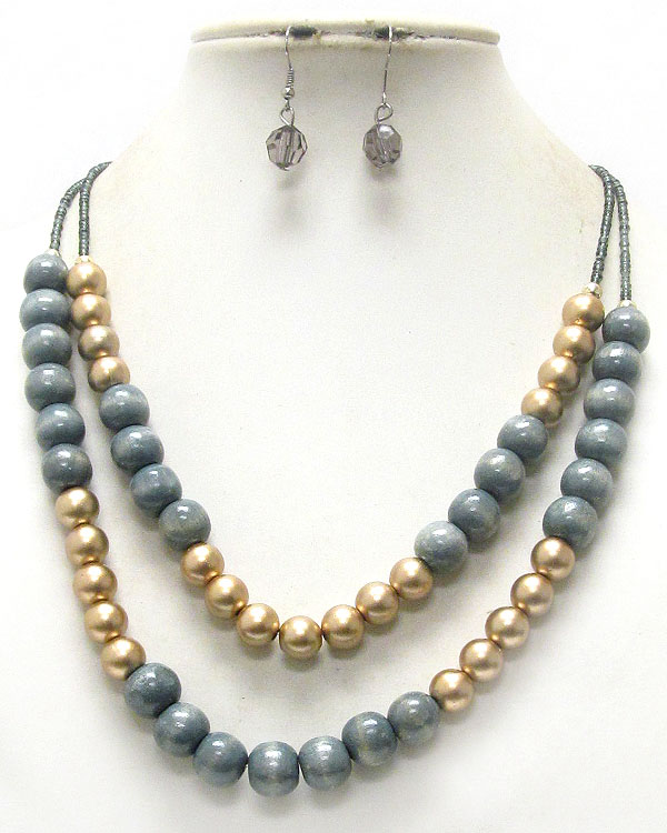 Multi wood ball and chip stone double layered necklace earring set